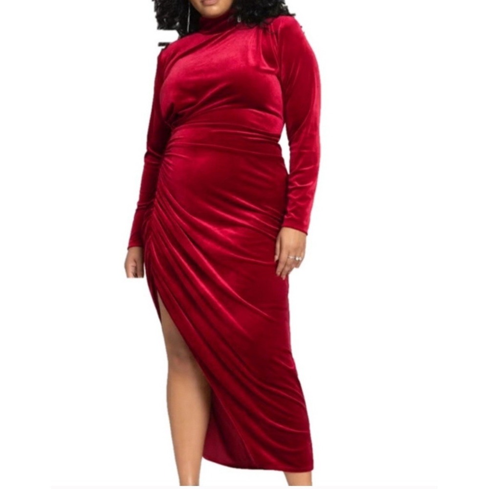 ELOQUII Women's Plus Size Mock Neck Velvet Dress With Slit - 18, Velvet Red